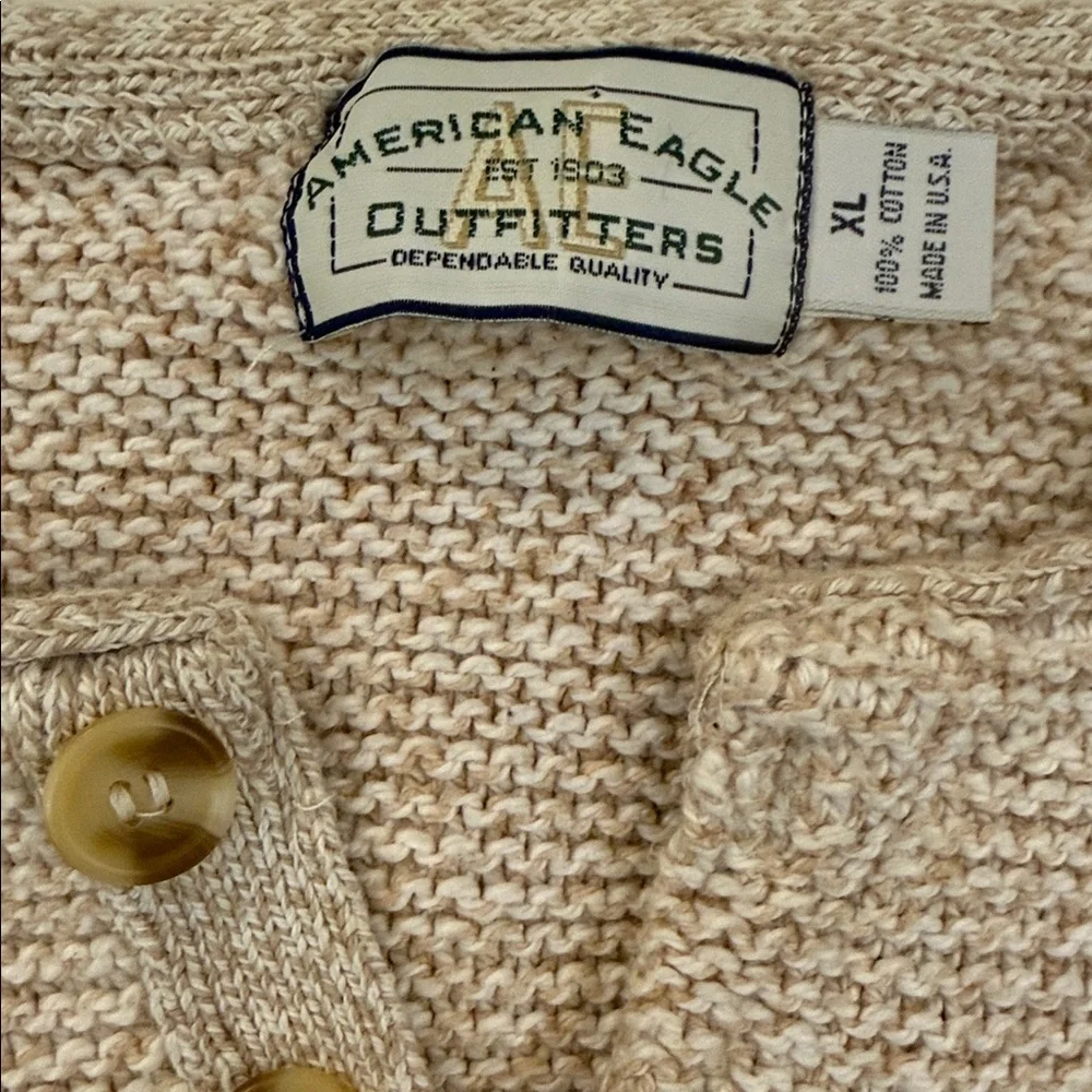 Vintage Y2K American Eagle Henley Sweater Tan Cotton USA XL Textured Rolled Neck - Picture 2 of 13
